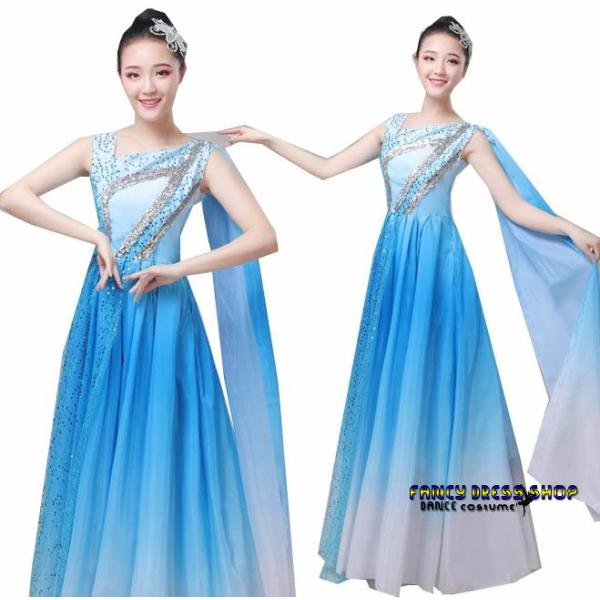 古典ダンスドレス　フレアロングワンピース　飄逸なリボン　スパンコールキラキラ舞台ダンス衣装　民族舞踊...