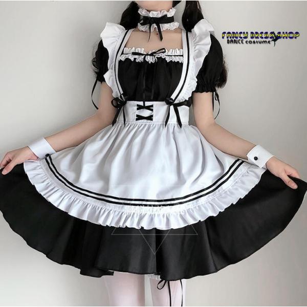 7点セットメイド服 コスプレ衣装 ハロウィン衣装 半袖 ワンピース カチューシャ付き フリル リボン...