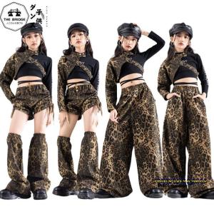 ヒョウ柄 豹柄 子供服 キッズダンス 衣装 女の子 イエロー レッド 赤 ダンス発表会 ストリート 韓国 子供服 トップス 肩出し パンツ 長袖 ズボン レッグウォーマ