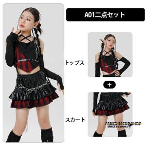 チェック柄 キッズ ダンス ダンス衣装 赤黒 ...の詳細画像4