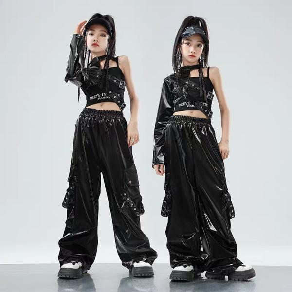 ブラック トップス レザーパンツ キッズ ダンス衣装 セットアップ 上下セット 韓国 jazz おし...