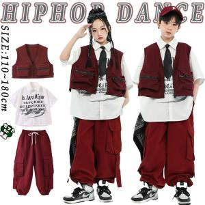 ワインレッド ホワイト 赤 白 シャツ ベスト カーゴパンツ キッズ ダンス衣装 韓国 k-pop jazz hiphop ヒップホップ 女の子 男の子 セットアップ 柄シャツ 半袖