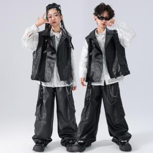 キッズジャズダンス衣装　ヒップホップ　キッズフェイクレザーベスト　レザーパンツ　シースルスパンコールブラウス　長袖シャツ　フリンジ　革　春秋2点/3点セ