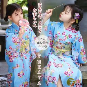 水色 青 ピンク 桜柄 女の子 浴衣 セット キッズ 夏着物 和服 涼しい 菊柄 花柄 可愛い 作り帯 巾着 下駄 髪飾り ブルー 子供用 オシャレ 着物 ゆかた ガール