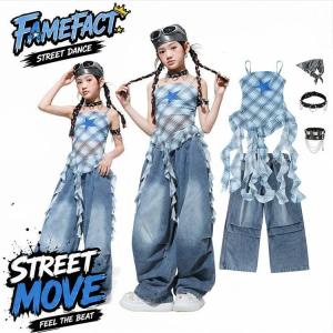 キッズ ダンス衣装 セットアップ 女の子 普段着 ストリート系 韓国 子供服 ヒップホップ ブルー チェック柄 キャミソール ブラック 星柄 フリル ガールズ ジャズ