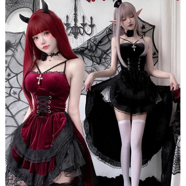 ゴシック ワンピース 大人 ハロウィン コスプレ衣装 暗黒 ロング丈 前短後長 フィッシュテール 燕...