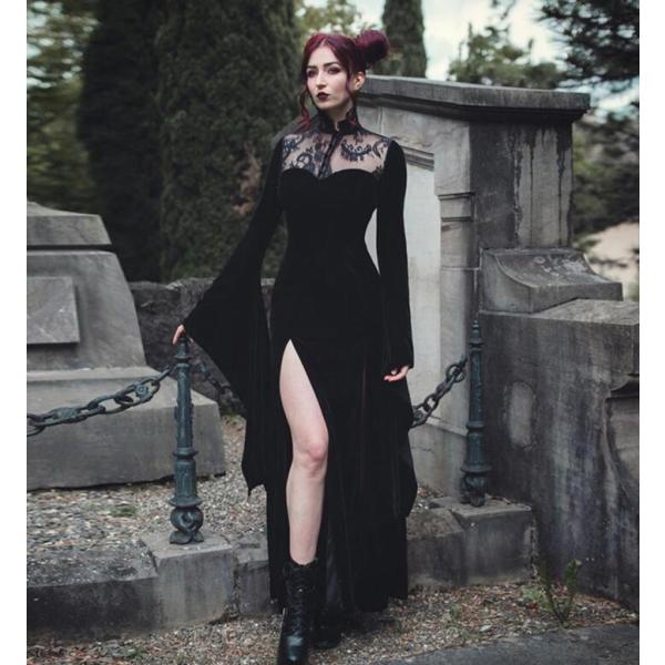 魔女 コスプレ セクシー 黒 衣装 レディースワンピース ゴシック風 レース スリット ハロウィン ...