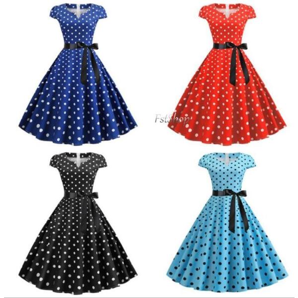 パーティードレス半袖 レトロワンピース水玉柄フレアワンピース 社交ダンスウェア 大きい裾 ロング丈 ...