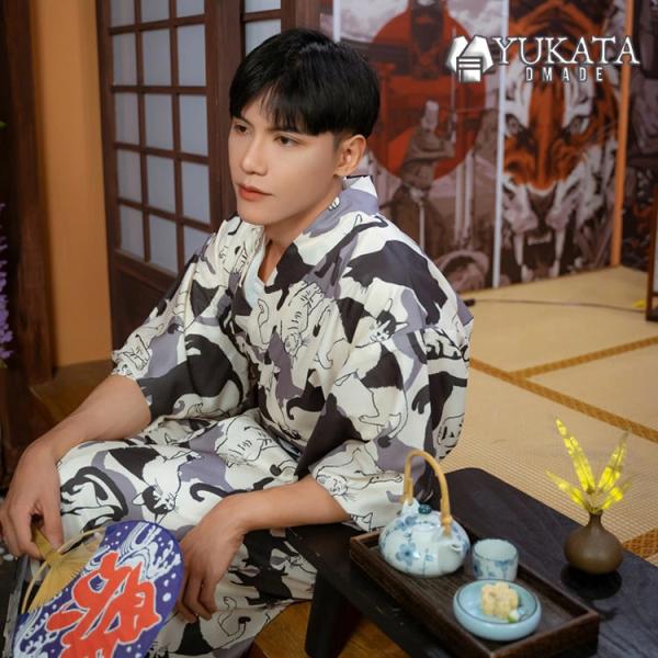 浴衣 メンズ 猫柄 6点セット ベージュ 男性 男性用 紳士 和服 作り帯 男 ゆかた 夏服 ポリエ...