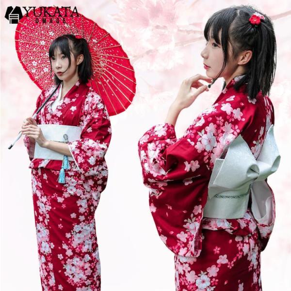 浴衣 レディース 赤 花柄 桜柄 8点セット レディース 帯 下駄 兵児帯 レトロモダン 大人 セッ...