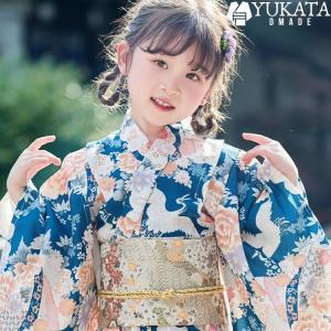 浴衣 キッズ 女の子 ブルー 白 花柄 鶴 鶴柄 8点セット 浴衣 腰ひも 帯 足袋 髪飾り 肌襦袢 下駄 巾着袋 レトロモダン スタイル yukata 七五三 子供 可愛い シン