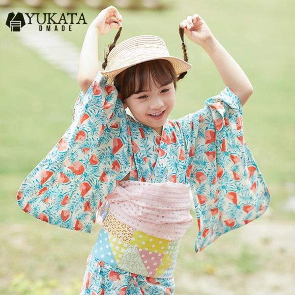 西瓜柄 スイカ 浴衣 子供 女の子 セット 浴衣 ライトブルー 水色 3点セット 浴衣 足袋 巾着袋...