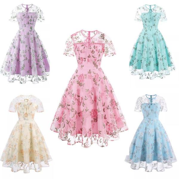 5色お揃い チュール 花柄 レトロワンピース スイングワンピ レディース 結婚式 Aライン 短袖 ロ...