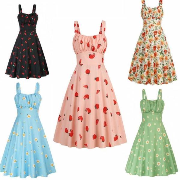 レトロワンピース 5色お揃い スイングワンピ レディース 結婚式 Aライン 袖なし ロカビリー 着痩...