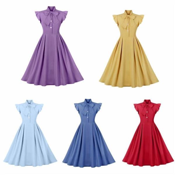 5色お揃い レトロワンピース スイングワンピ レディース 結婚式 Aライン フレア袖 ロカビリー 着...