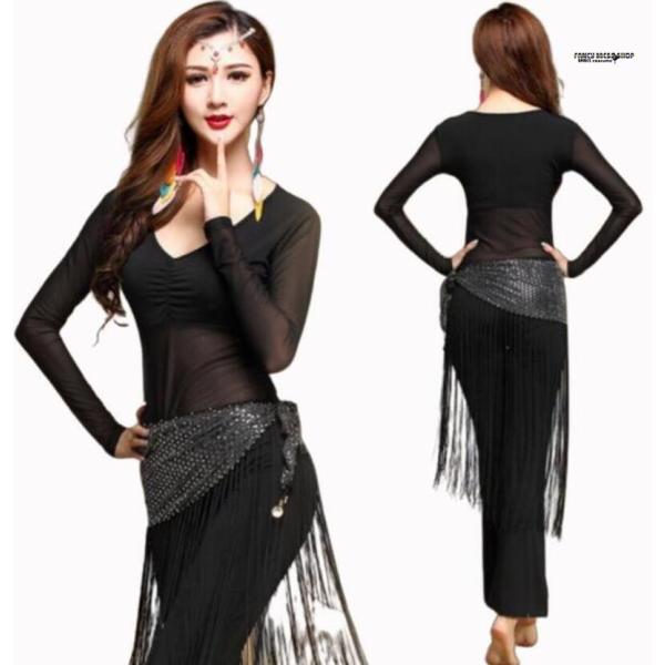 レディース　セットアップ　ベリーダンス衣装　社交ダンス　Ｖネック　半袖　トップス+パンツ　ラテンダン...