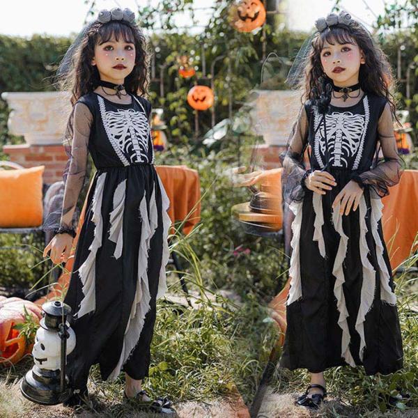 ハロウィン衣装 キッズ服 女の子 コスプレ衣装 ワンピース ヘッドベール 鬼の花嫁 コスチューム 髑...