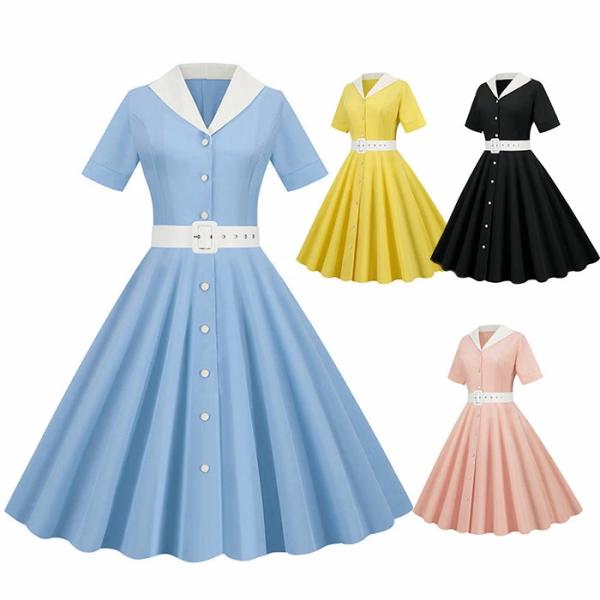 レトロドレス レディース ワンピース 半袖 シャツワンピース Vネック 舞台衣装 ダンス パーティー...