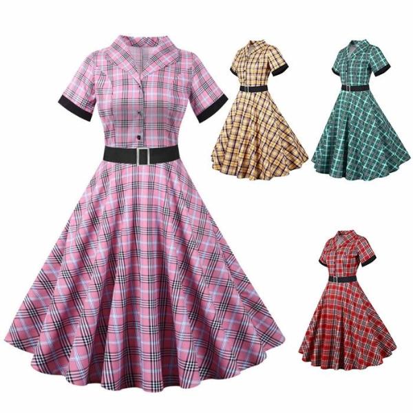 レディース ワンピース 半袖 レトロドレス シャツワンピース Vネック チェック柄 舞台衣装 大きい...