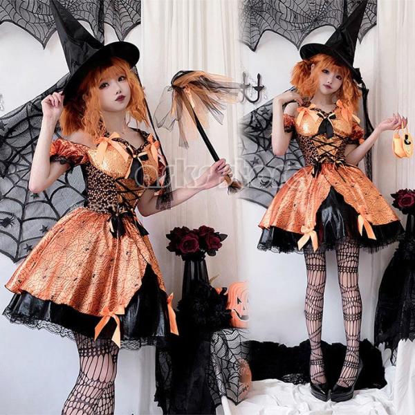 レディース ハロウイン コスプレ衣装 大人 かぼちゃ ワンピース 半袖 膝丈 帽子 ソックス付き カ...