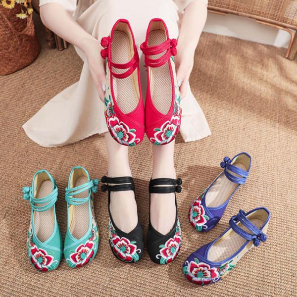 レディースシューズ 唐装漢服用 中華靴 花刺繍 ダブルストラップ パンプス チャイナ靴 布靴 シュー...