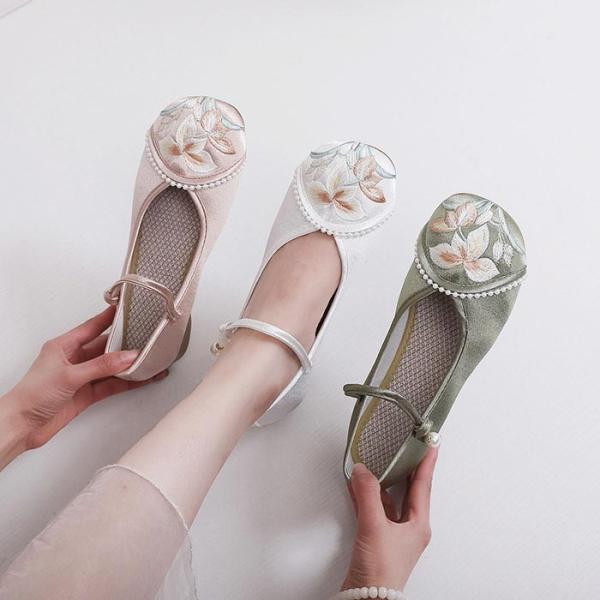 レディースシューズ パンプス 中華靴 チャイナシューズ 靴 刺繍布靴 ストラップ 花刺繍 フラット ...