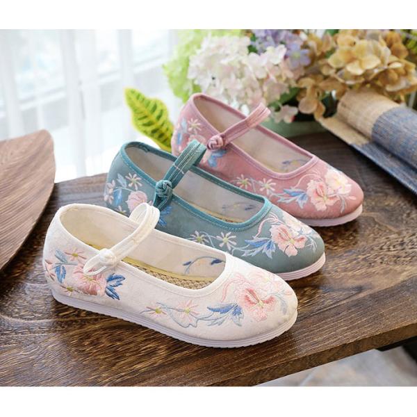 チャイナ靴 中華刺繍 花柄 フラットシューズ パンプス ストラップ 布靴 チャイナシューズ 唐装漢服...