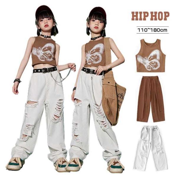 蝶柄 キッズダンス衣装 子供服 キッズ 女の子 トップス へそ出し 袖なし ブラウン プリント 子供...