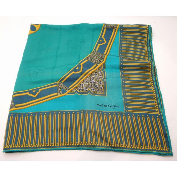Cartier カルティエ 時計柄 シルクスカーフ グリーン系マルチカラー＜USED＞【送料無料】