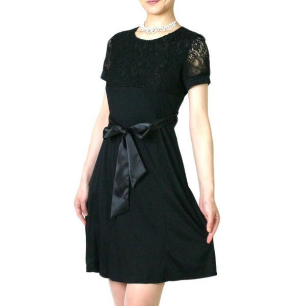 在庫処分 レース半袖 ジャージーワンピース  黒 (13号)