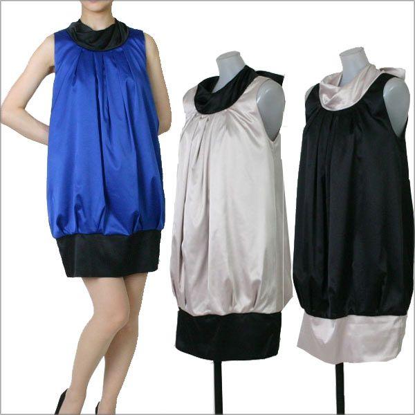 バイカラー ワンピース ショートドレス/結婚式 ブライダル 2次会 サテンバルーンパーティードレス ...