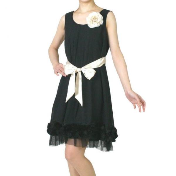 在庫処分 パーティードレス コサージュ付き 黒 (15号)