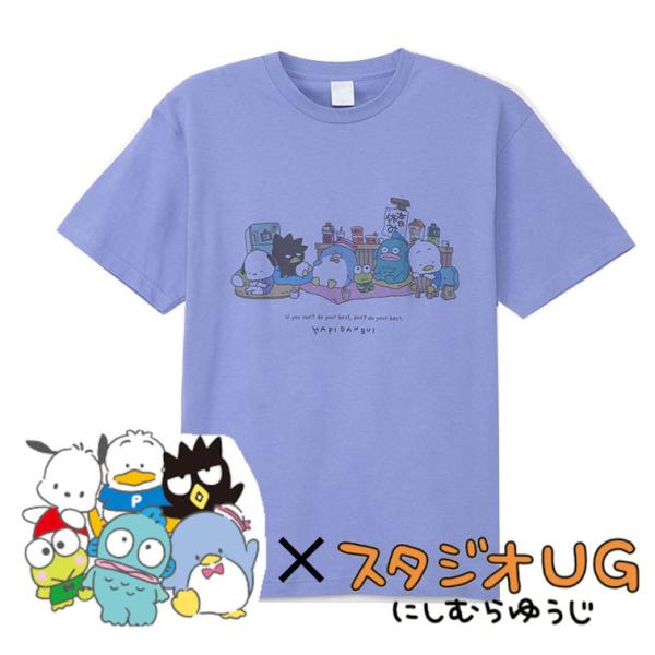 サンリオ はぴだんぶい にしむらゆうじ ブルー コットンTシャツ Lサイズ 本日休み柄 シンプル/半...