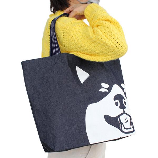 【倉敷屋】動物デカ顔インディゴ横長バッグ【日本製】