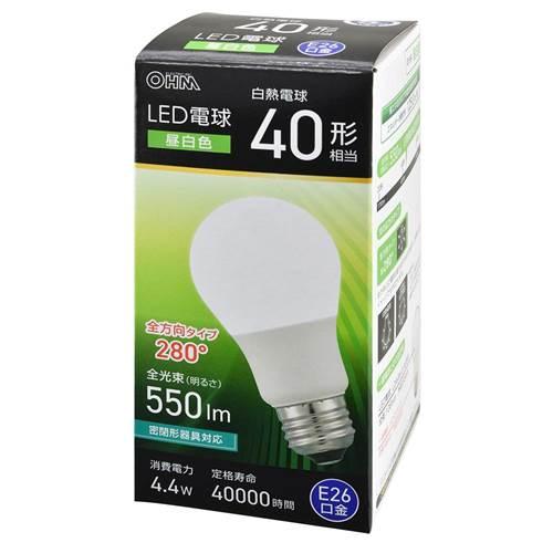 OHM オーム電機　ＬＥＤ電球（40形相当/昼白色/550 lm/4.4W/E26/Ra83/全方向...