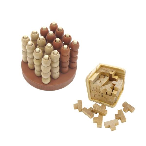 木製 立体パズル Ｔ型 ソーマキューブ と 立体4目並べ 脳トレ 2点セット
