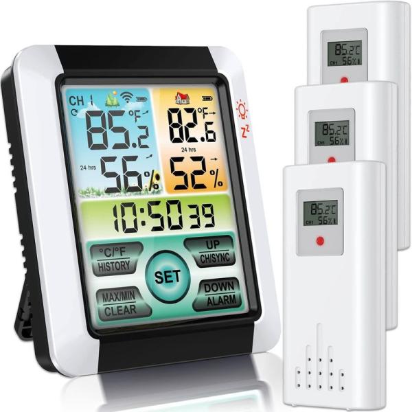 GHDVOP 多機能デジタル温湿度計 室外 室内 時計 外気温度計 壁掛け 高精度三つセンサー 卓上...