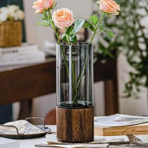 花瓶 ガラス 木製 フラワーベース 北欧 おしゃれ 花器 透明 ブラック グレー 大きい 花びん シンプル 高さ25cm 30cm 北欧 イ｜br-select-store