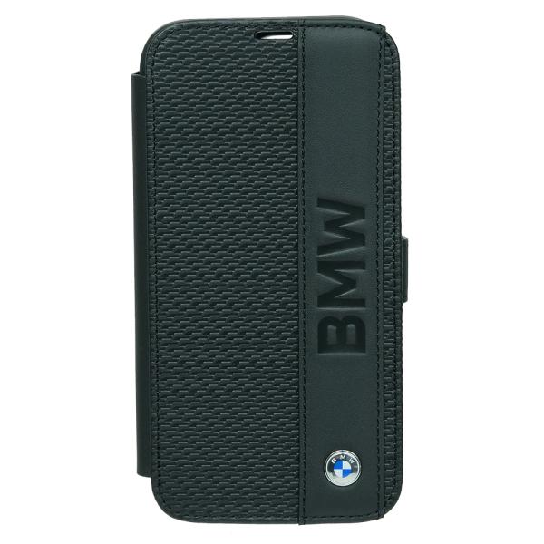 BMW iPhone 15Pro レザー ブックタイプケース BIG LOGO STRIPE ブラッ...