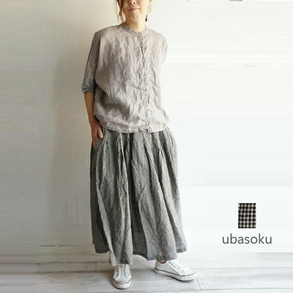 ubasoku ウバソク リネン 麻 先染め 83丈 裏付 タック スカート ブラックギンガム ub...