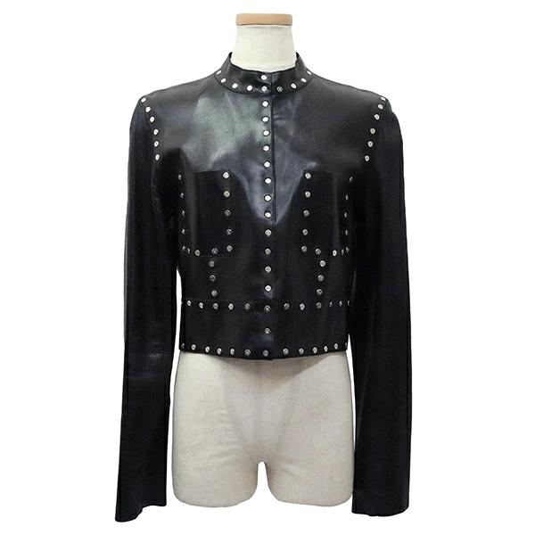 セリーヌ ジャケット 40 ラムスキン レザージャケット ブラック シルバー h-e394