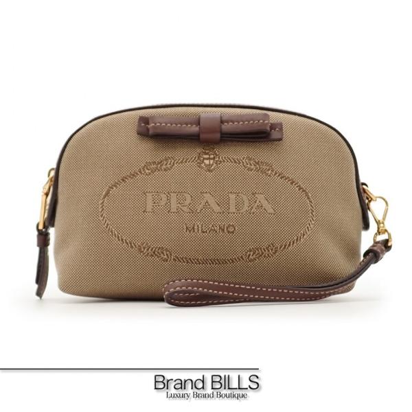 未使用品 PRADA プラダ ポーチ 小物入れ ロゴジャガード ベージュ ブラウン ゴールド金具 レ...