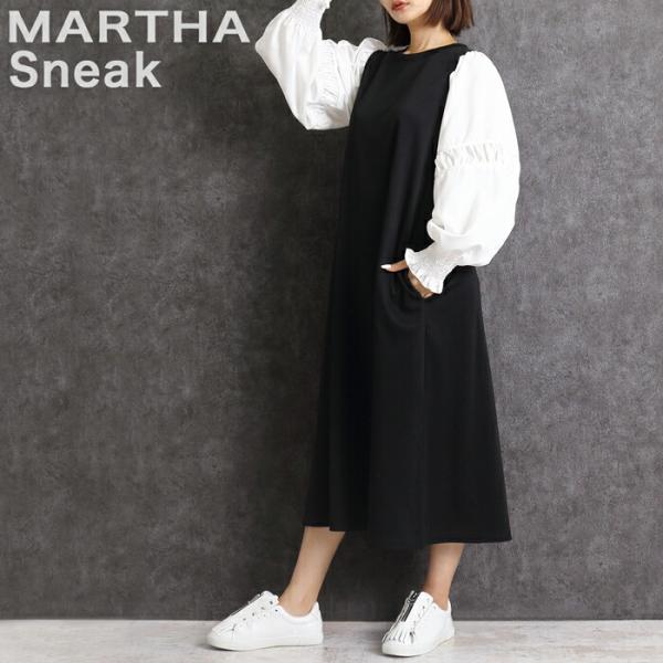 異素材袖 ワンピース レディース MARTHA マーサ きれいめ 異素材 ジャージー ポンチ 大きい...