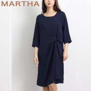 ワンピース ツイスト ドレープ MARTHA マーサ ブラウス きれいめ 体型カバー 長袖 ミモレ丈 大人 上品 パーティー ネイビー aw 26108｜brand-brand