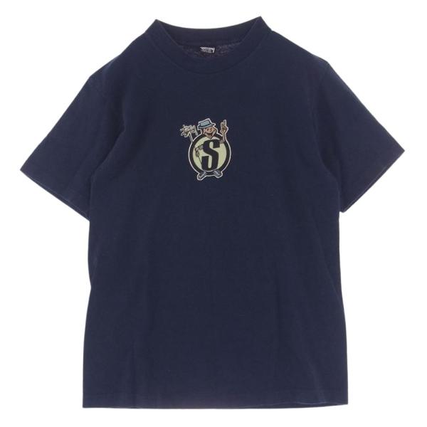 STUSSY ステューシー vintage 80s USA製 黒タグ ブリント Tシャツ ネイビー系...