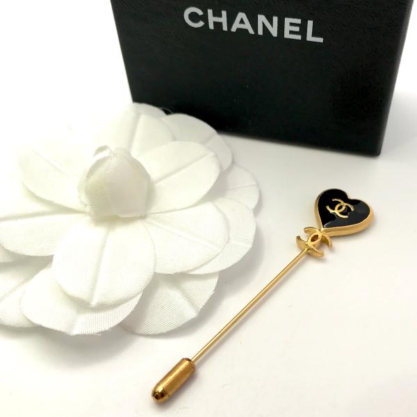 良品 CHANEL シャネル ココマーク ハート モチーフ ピンブローチ アクセサリー ゴールド a...