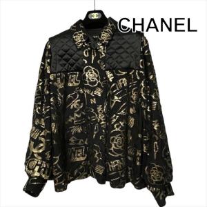 美品 CHANEL シャネル ココマーク マトラッセ 切り替え 長袖 シャツ トップス ブラウス ブラック 48号 ブランド ファッション h797