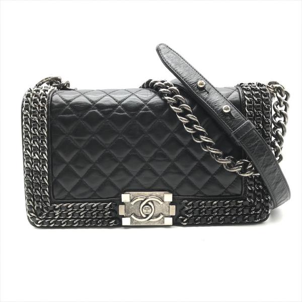 美品 CHANEL ボーイシャネル ラム チェーン ショルダー ブラック k1589 シャネル ココ...