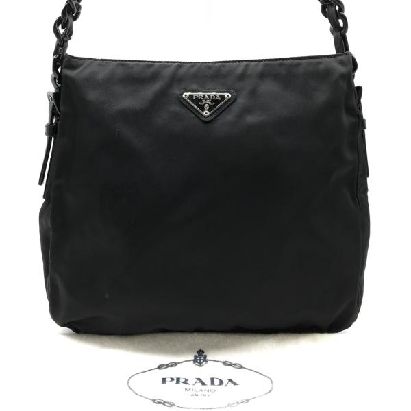 良品 PRADA プラダ テスート ナイロン ロゴプレート チェーン ショルダー バッグ ブラック ...