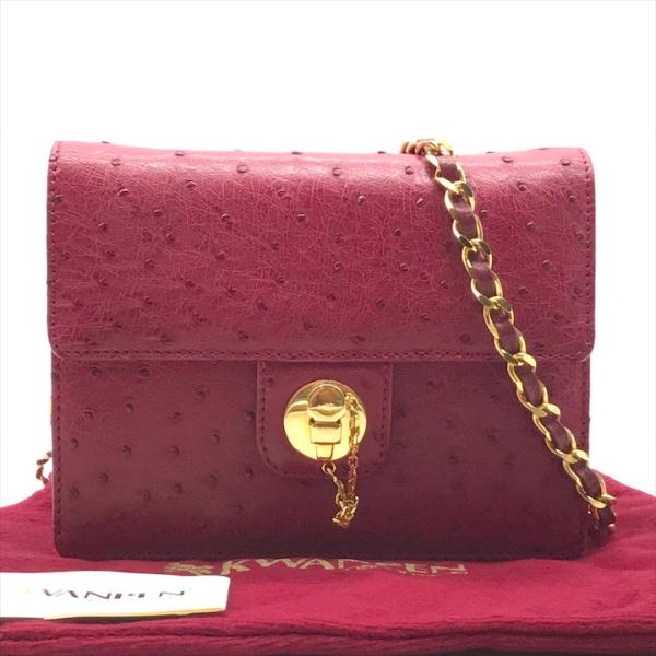 美品 KWANPEN クワンペン オーストリッチ レザー チェーン ショルダー バッグ ピンク k4...